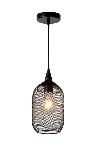 Lucide Mesh hanging lamp Black, round metal shade Ø150mm, E27 socket 60W max, height adjustable, IP20