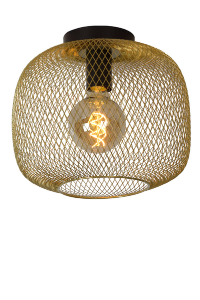 Lucide MESH ceiling light 30cm metal cylinder, E27 socket, Matt Black with Gold finish, IP20 vintage style