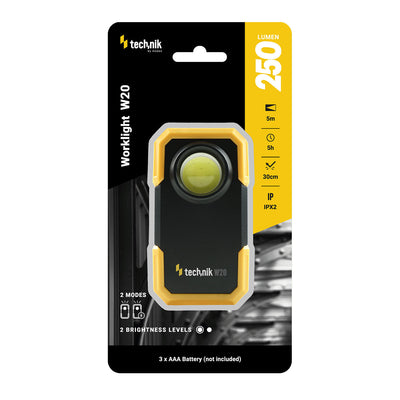 Technik LED flashlight W20 COB 250 lumens, 3xAAA powered, White plastic body, IPX2 with magnet and clip