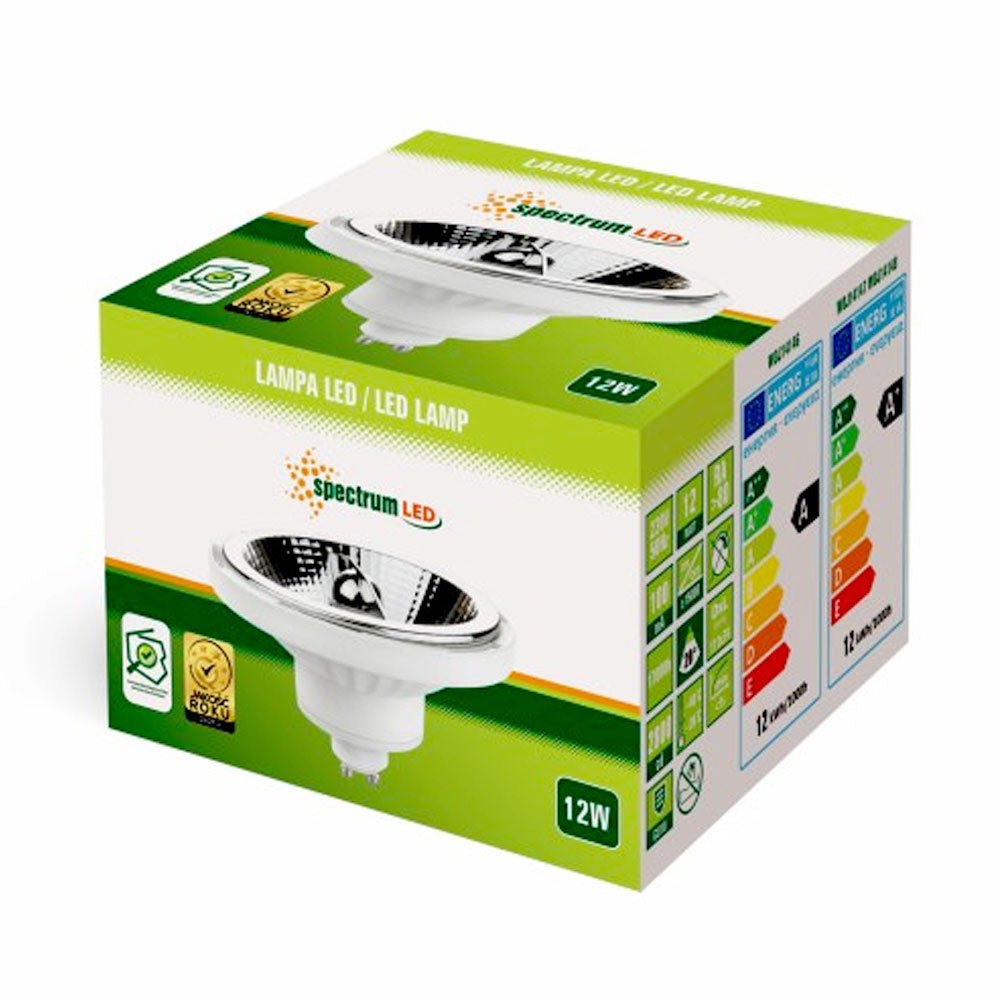 Spectrum GU10 AR111 LED spot, 12W 3000K, replaces 70W, 20° beam angle, CE RoHS certified