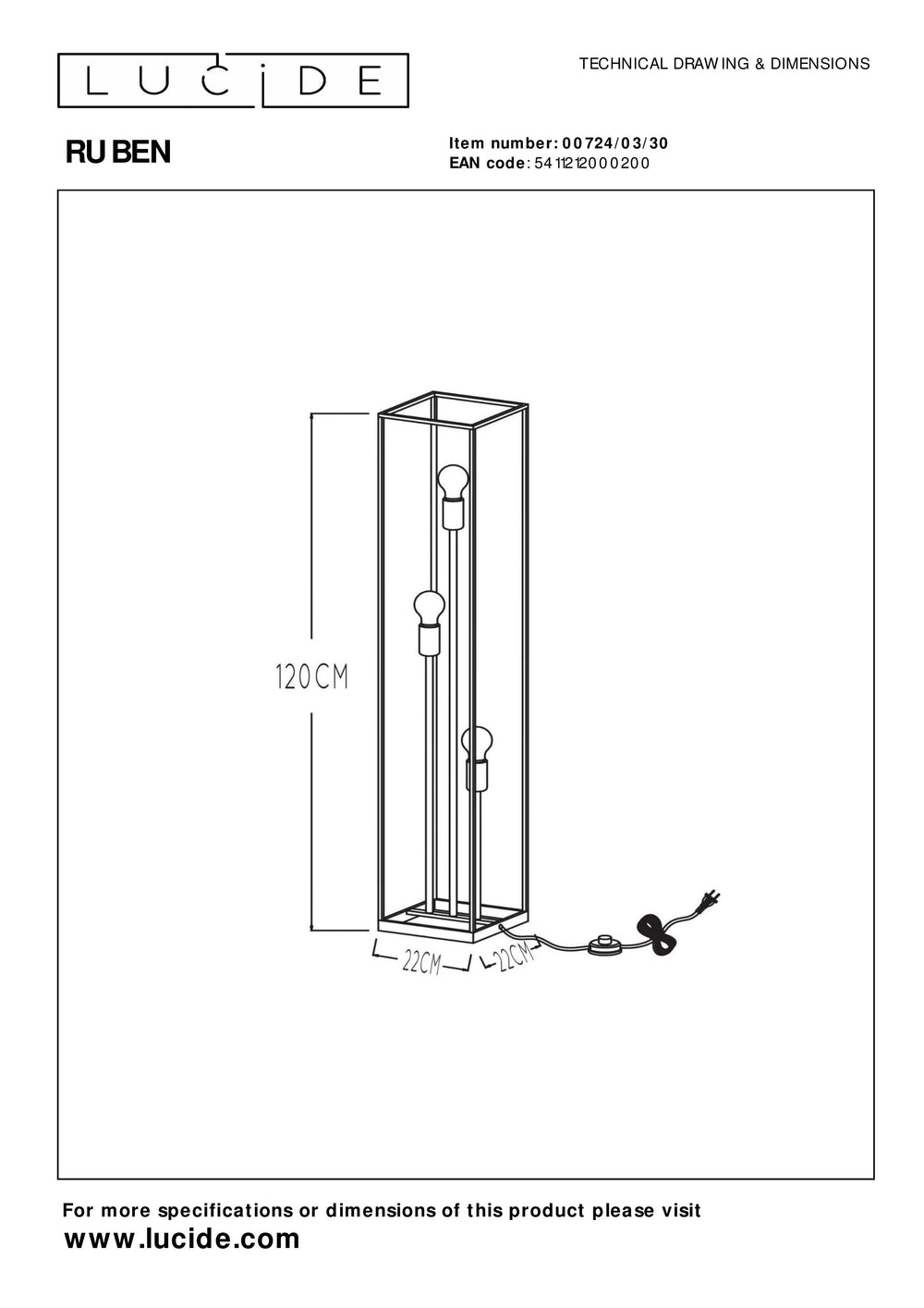 Lucide RUBEN floor lamp, 3xE27 sockets, 220-240V, IP20, Metal Matt Black, Retro style, 1200mm height