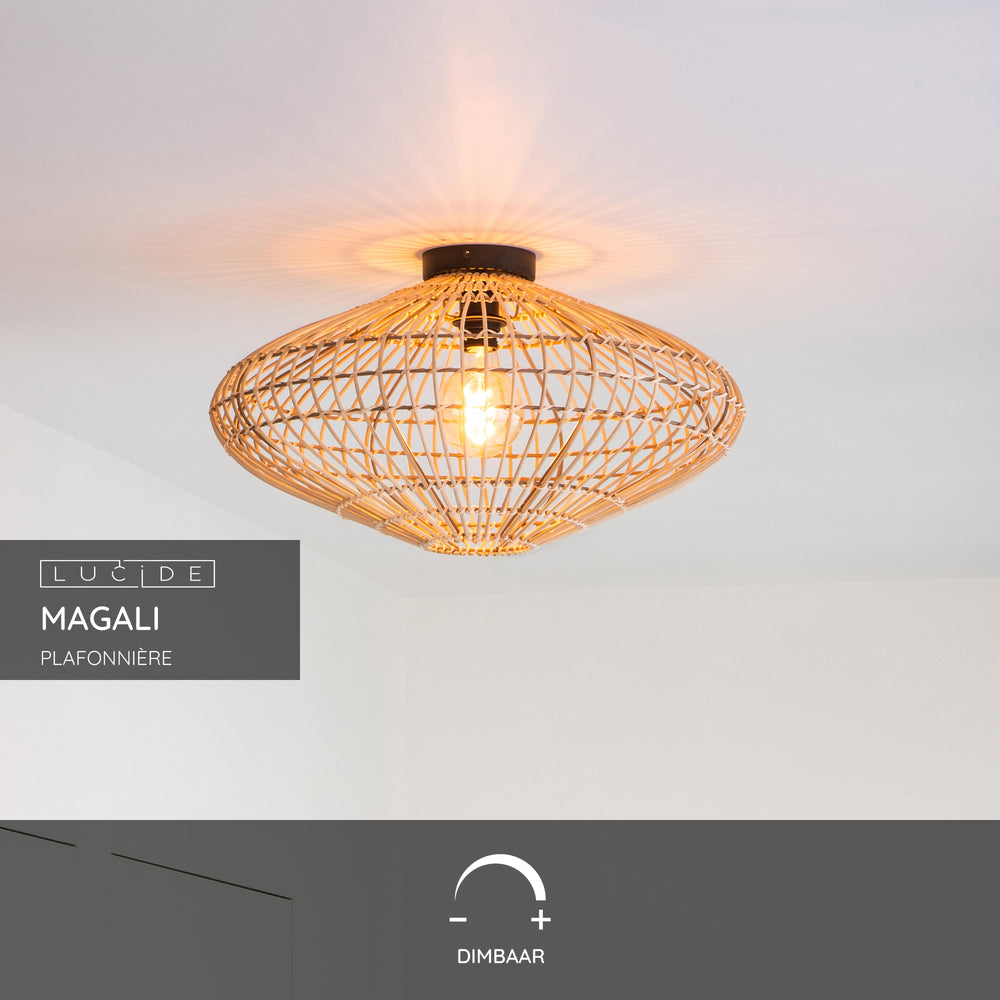 Lucide MAGALI Deckenleuchte, 1xE27, max. 40W, skandinavisches Rattan und Metall, Ø56cm, IP20, Naturfinish