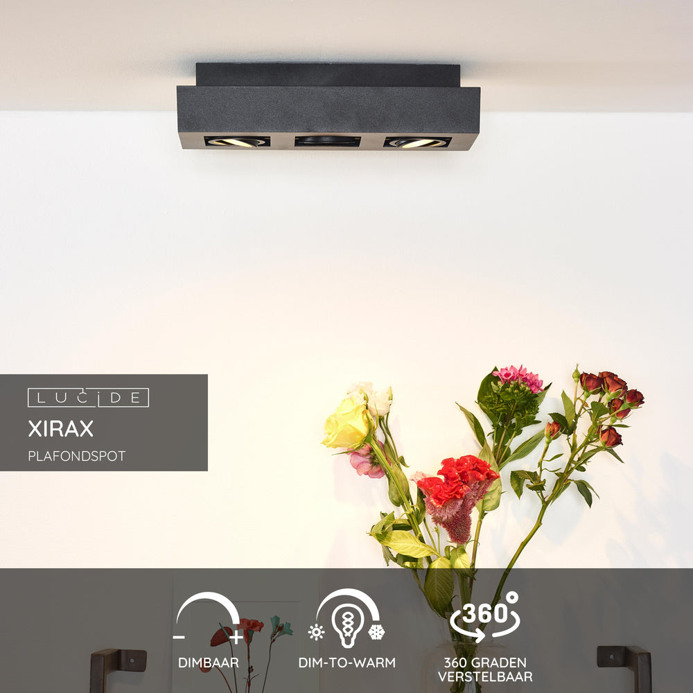 Lucide XIRAX LED Deckenstrahler, 3x5W GU10, Dim-to-Warm 2200K-3000K, IP20, Sand Schwarz Aluminium
