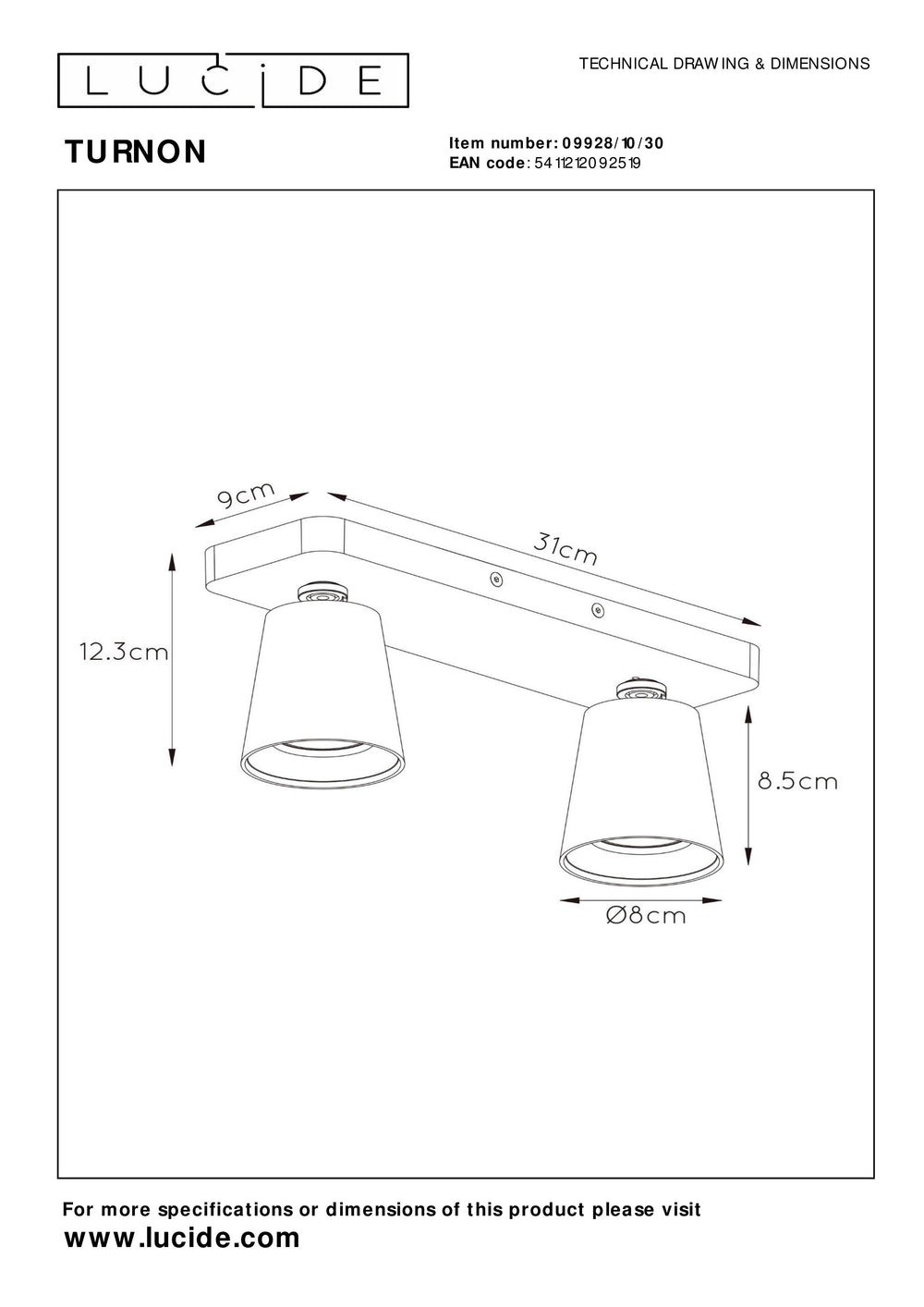 Lucide TURNON LED ceiling spotlight, 2x5W GU10, dim to warm 2200K-3000K, Black Aluminium, IP20