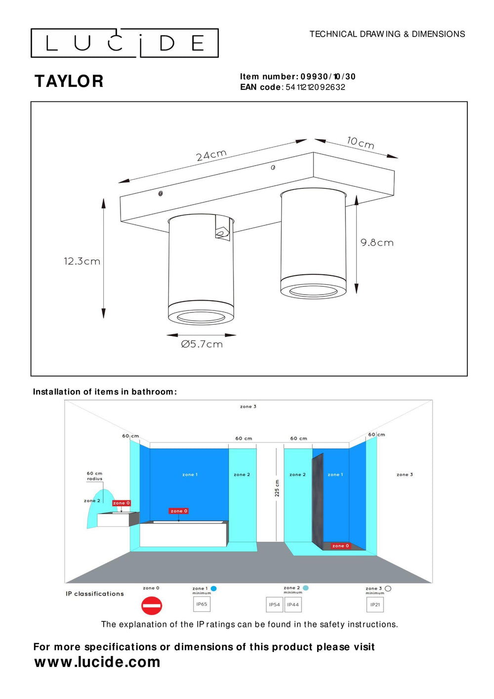 Lucide TAYLOR LED Deckenstrahler, 2x5W GU10 dim to warm 2200K-3000K, IP44 Badezimmerleuchte Schwarz