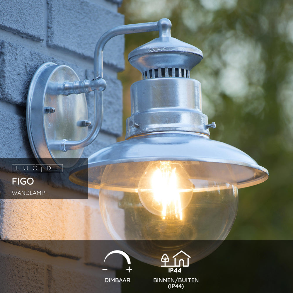 Lucide FIGO wall light indoor outdoor round 215mm E27 socket IP44 galvanized steel black finish