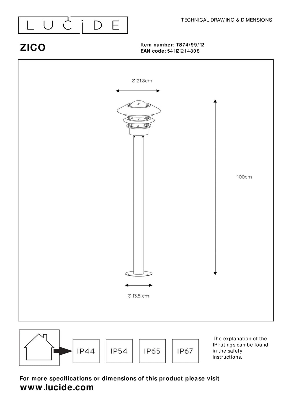Lucide Zico Außenlaterne Pfosten, IP44 Edelstahl, 1xE27 60W max, 1000mm Höhe klassisches Design