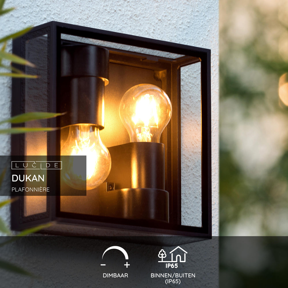 Lucide DUKAN LED ceiling light Black, 2xE27, IP65, die-cast aluminum, 220x220mm indoor outdoor