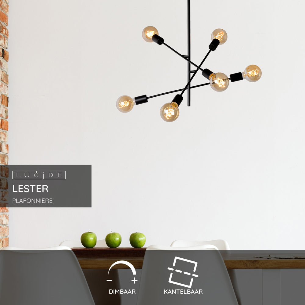Lucide LESTER Deckenleuchte, 6xE27 Fassungen, 220-240V, dimmbar, modernes Metalldesign in Mattschwarz, IP20