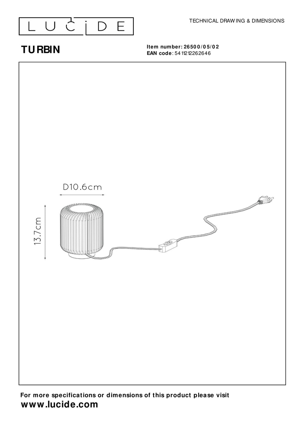 Lucide TURBIN LED table lamp 5W 3000K Satin Gold modern metal cylinder design with cord switch IP20