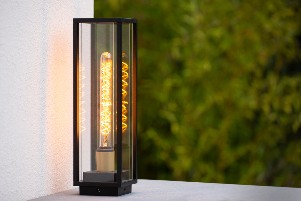 Lucide Laurens outdoor sokkellamp, E27 fitting, IP54 waterproof, Black metal housing with glass diffuser