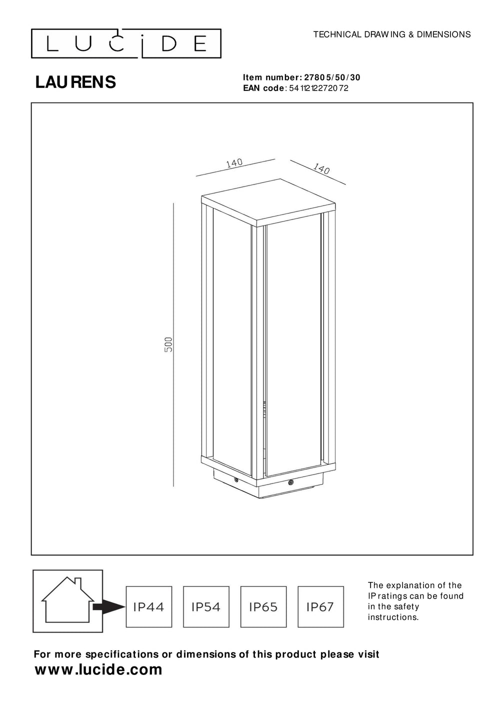 Lucide Laurens outdoor sokkellamp, E27 fitting, IP54 waterproof, Black metal housing with glass diffuser