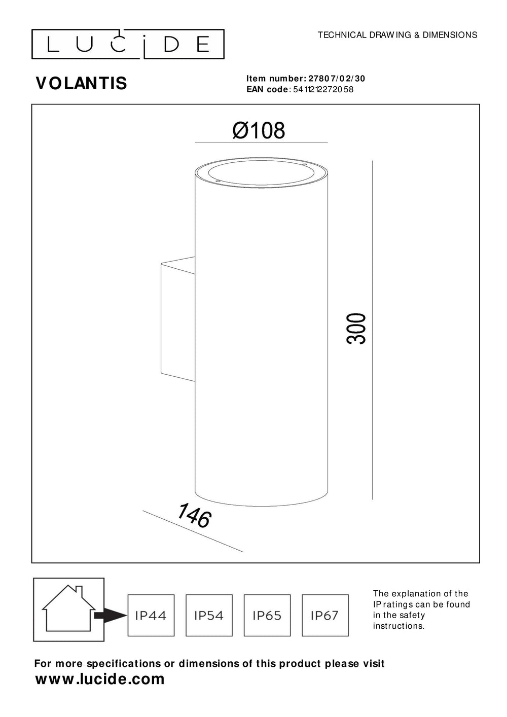 Lucide VOLANTIS Black outdoor wall light, 2xE27, IP54, uplight & downlight, modern aluminum cylinder