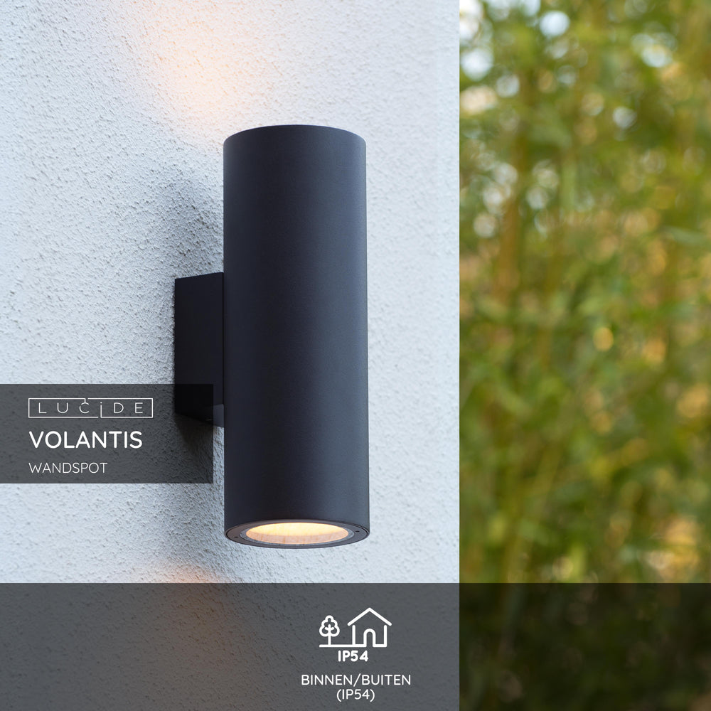 Lucide VOLANTIS Black outdoor wall light, 2xE27, IP54, uplight & downlight, modern aluminum cylinder