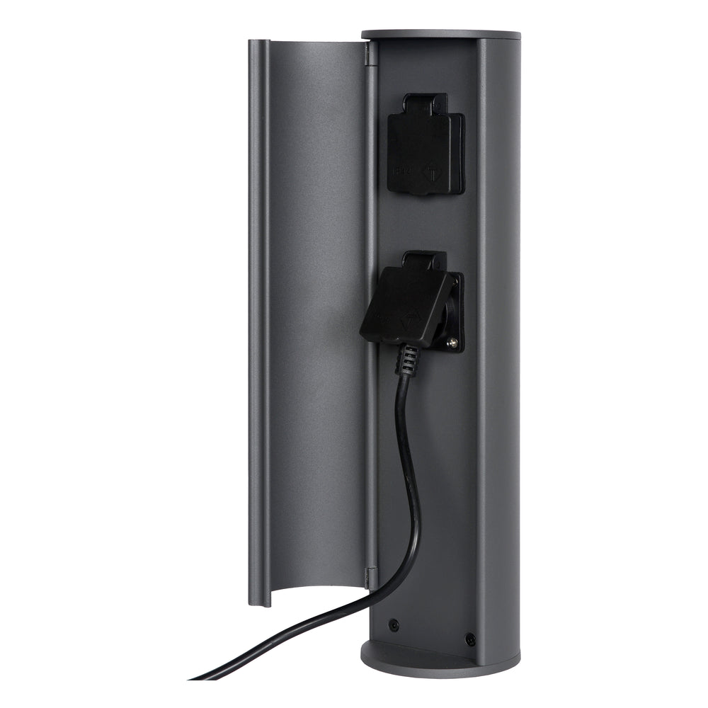 Lucide outdoor power socket pillar IP44, Type F grounded outlets, aluminium anthracite finish, 40cm height