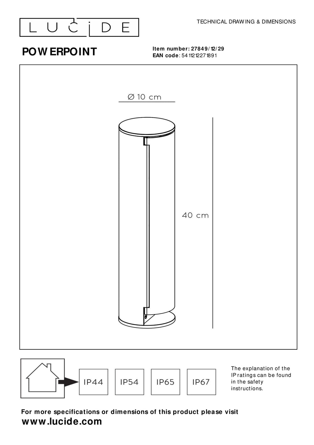 Lucide outdoor power socket pillar IP44, Type F grounded outlets, aluminium anthracite finish, 40cm height