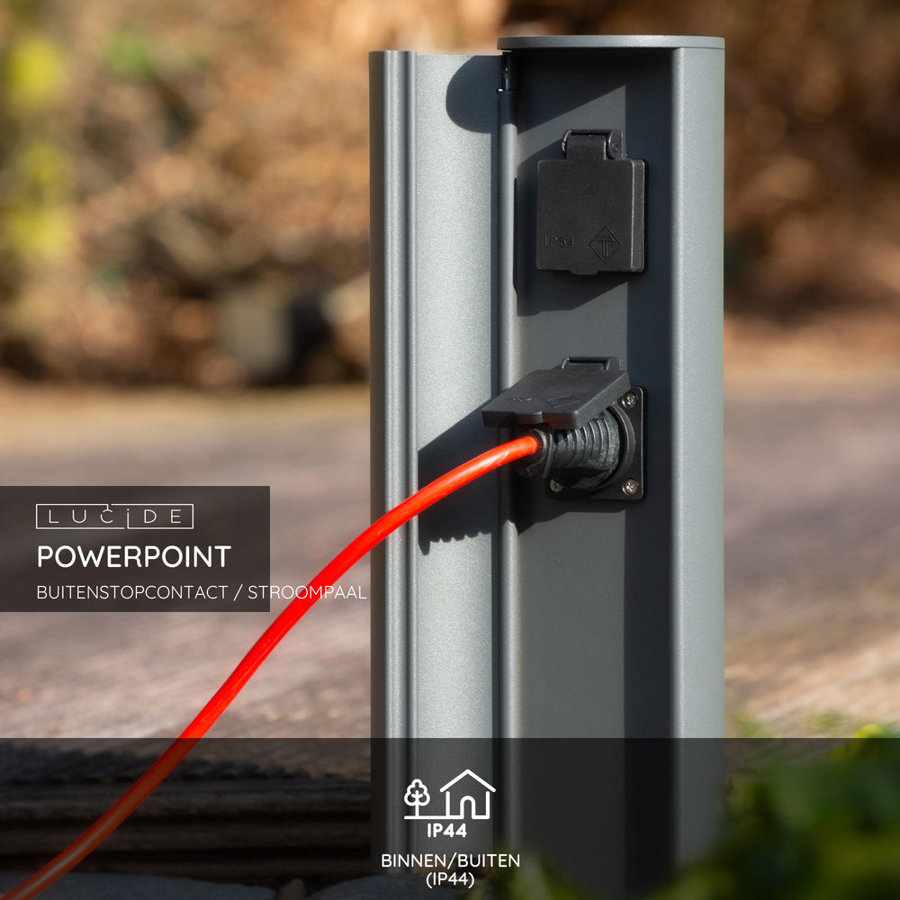 Lucide outdoor power socket pillar IP44, Type F grounded outlets, aluminium anthracite finish, 40cm height
