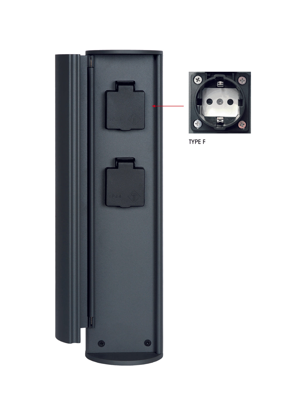 Lucide outdoor power socket pillar IP44, Type F grounded outlets, aluminium anthracite finish, 40cm height