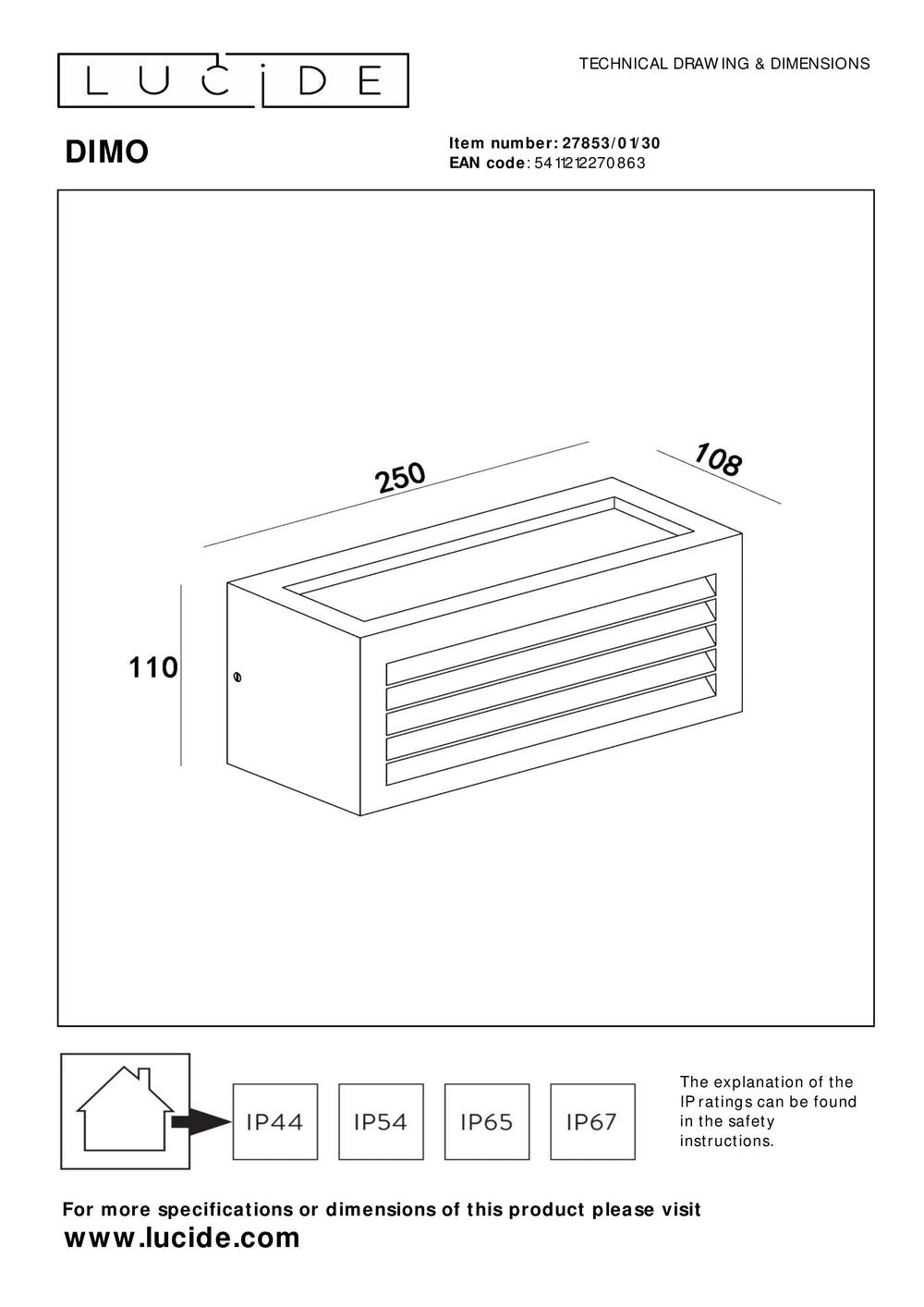 Lucide DIMO wall light Anthracite, indoor outdoor, E27 socket, IP54, rectangular aluminum housing