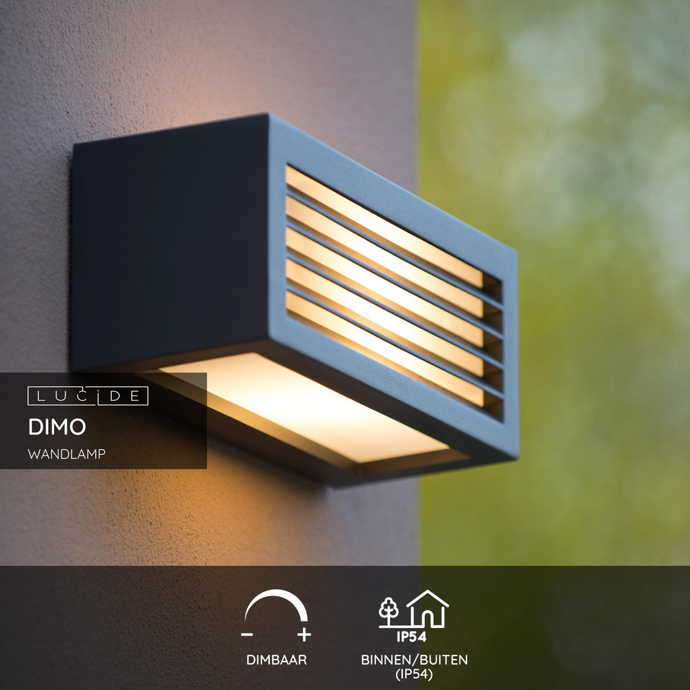 Lucide DIMO wall light Anthracite, indoor outdoor, E27 socket, IP54, rectangular aluminum housing