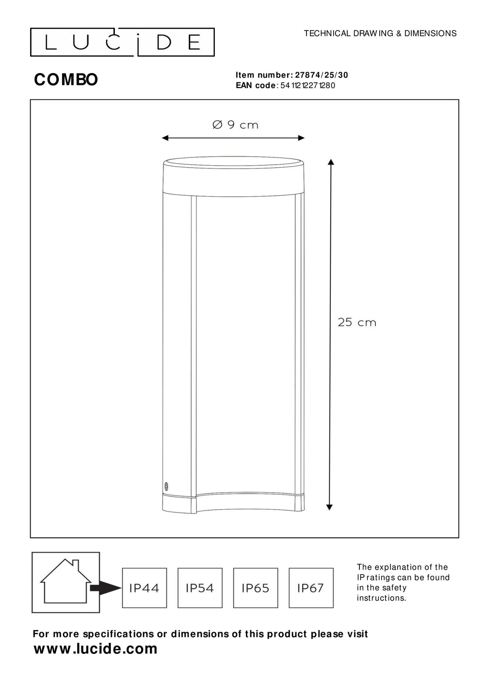 Lucide COMBO LED garden pedestal light, 9W 3000K, IP54 Black aluminum, 250mm modern outdoor bollard