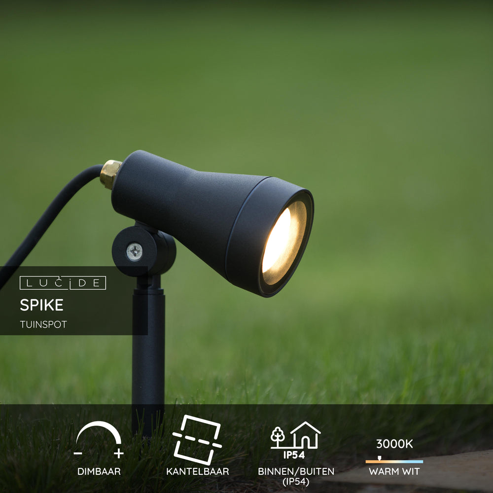 Lucide SPIKE LED garden spotlight, 1x5W GU10 3000K, dimmable, IP54 Black aluminum outdoor light