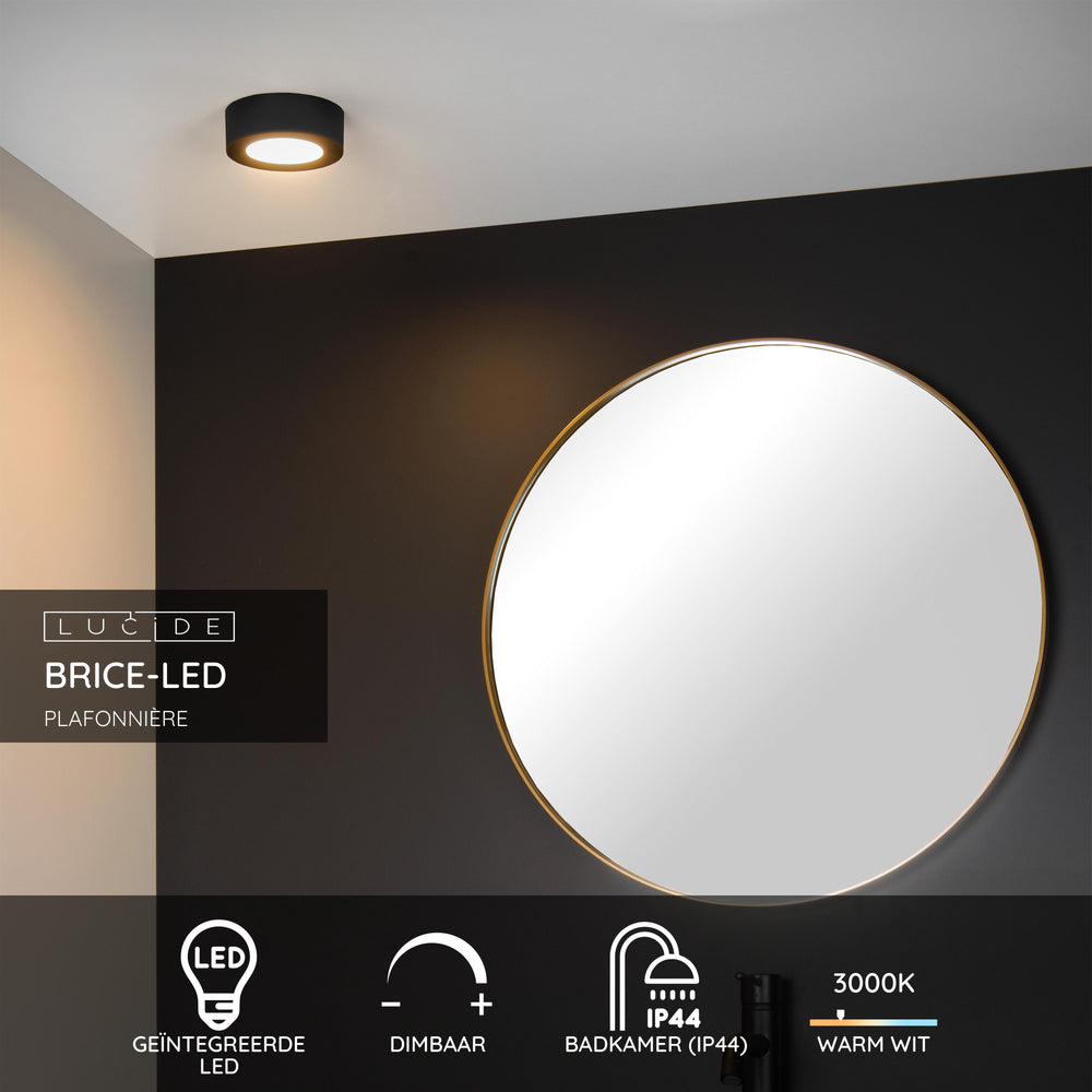 Lucide BRICE LED bathroom ceiling light, round 8W dimmable 3000K IP44 Matt Black Ø117mm