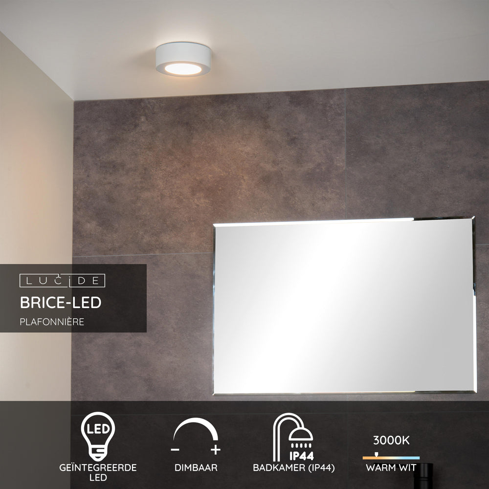Lucide BRICE LED Badezimmer-Deckenleuchte, rund 8W 3000K dimmbar, IP44 Weiß Ø117mm
