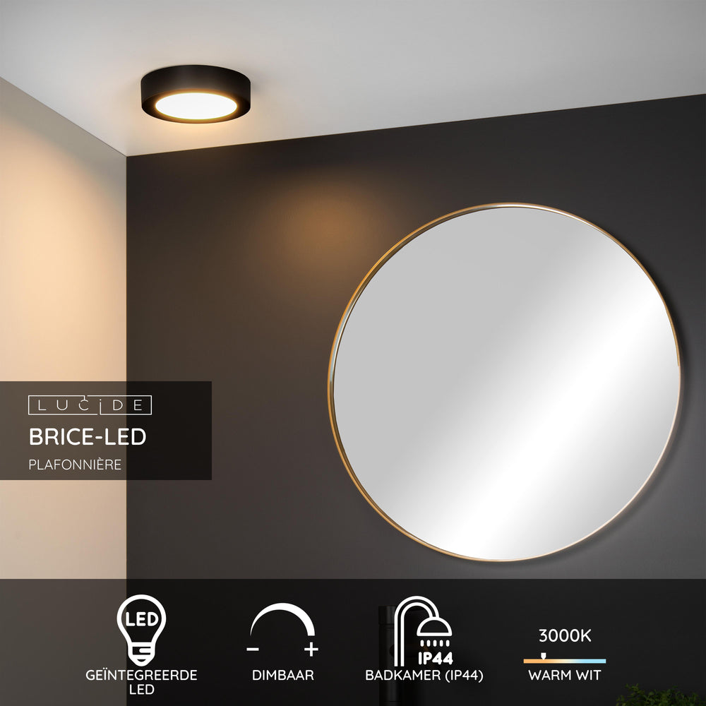 Lucide BRICE LED bathroom ceiling light, 12W 3000K dimmable, IP44 round Black Ø18cm