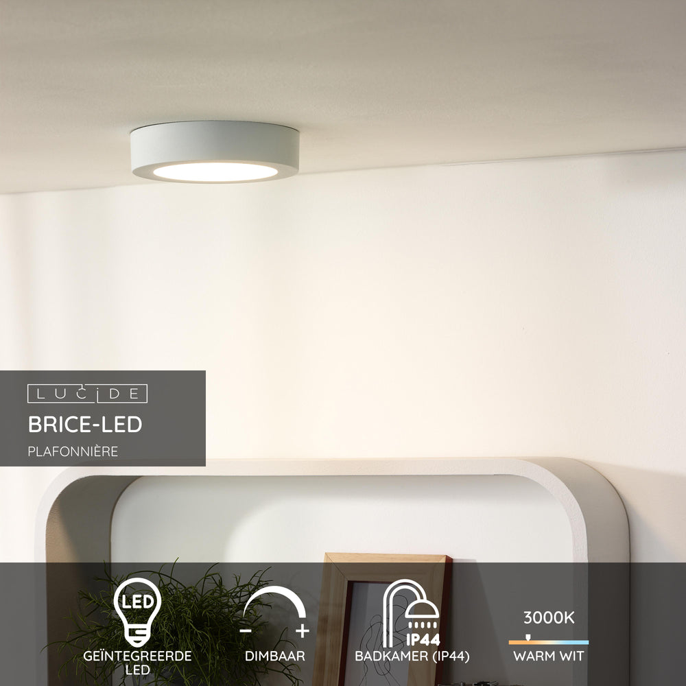 Lucide BRICE LED bathroom ceiling light, round 18cm, dimmable 12W 3000K, IP44 White