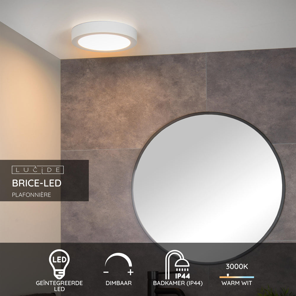 Lucide BRICE LED bathroom ceiling light, dimmable 15W 3000K, IP44 round 24cm White modern design