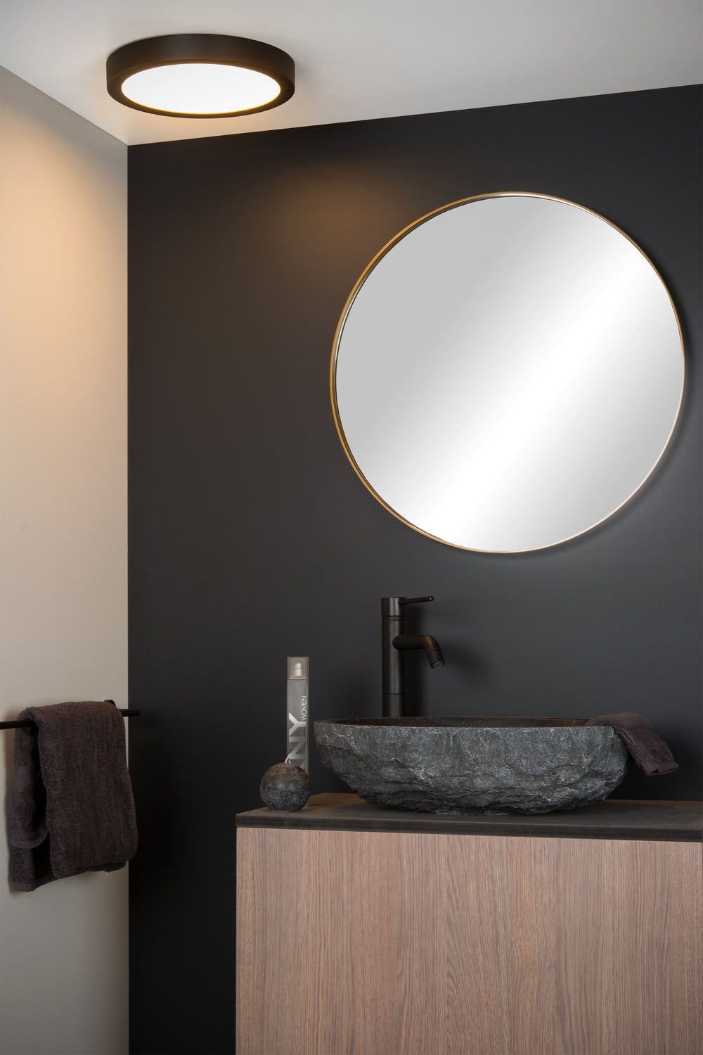 Lucide BRICE LED ceiling light, 30W 3000K dimmable, IP44 round 30cm, Matt Black, modern bathroom lighting