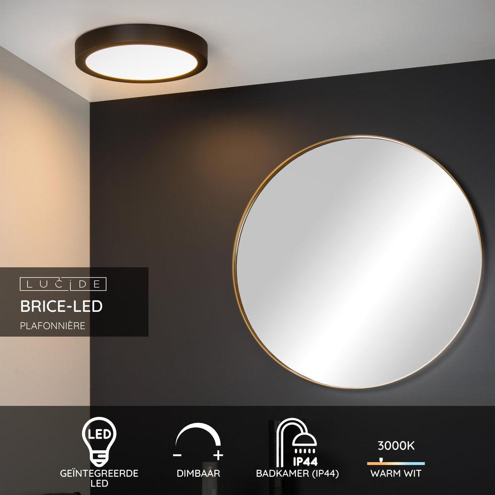 Lucide BRICE LED ceiling light, 30W 3000K dimmable, IP44 round 30cm, Matt Black, modern bathroom lighting