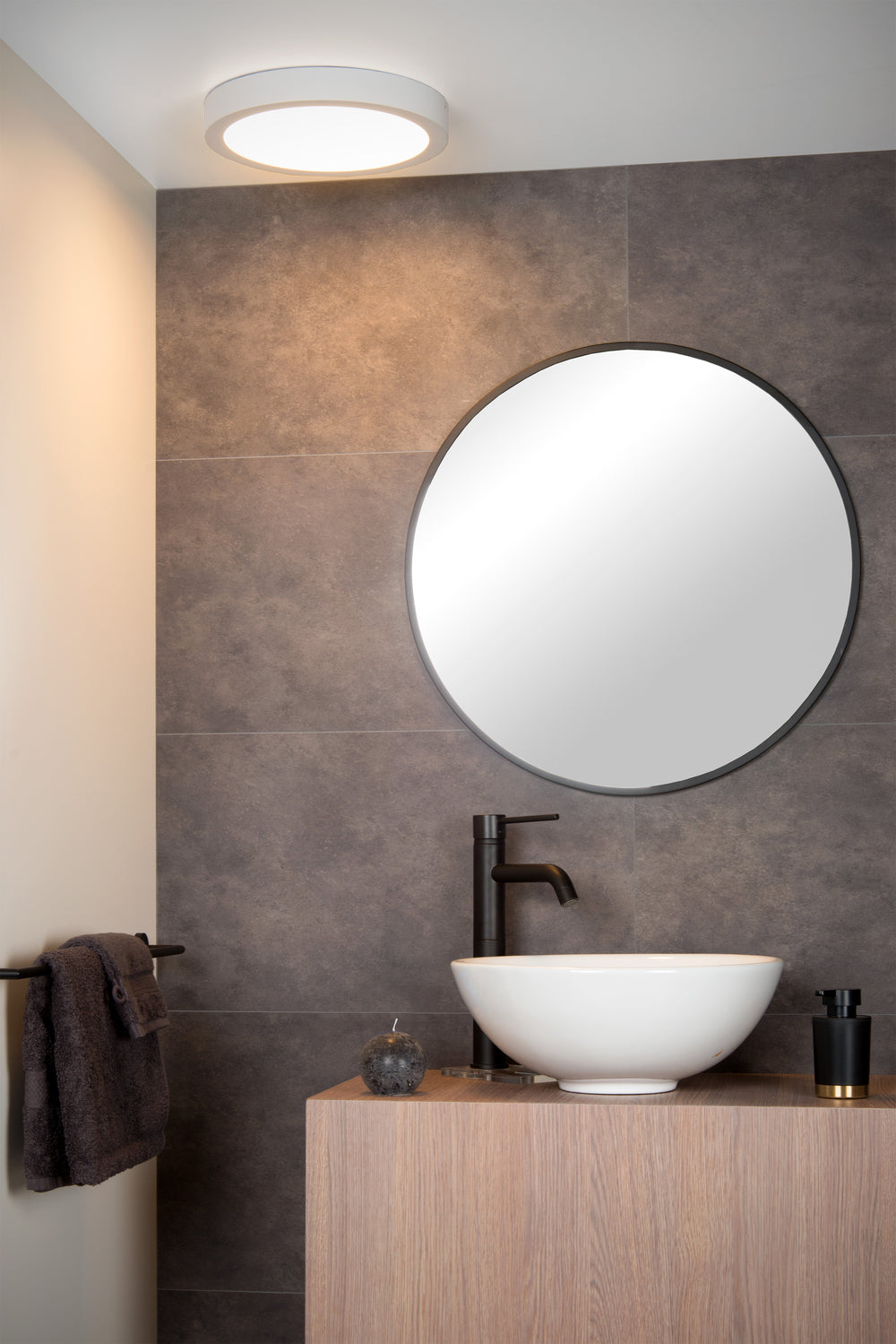 Lucide BRICE LED bathroom ceiling light, dimmable 30W 3000K, round 300mm, IP44, White finish
