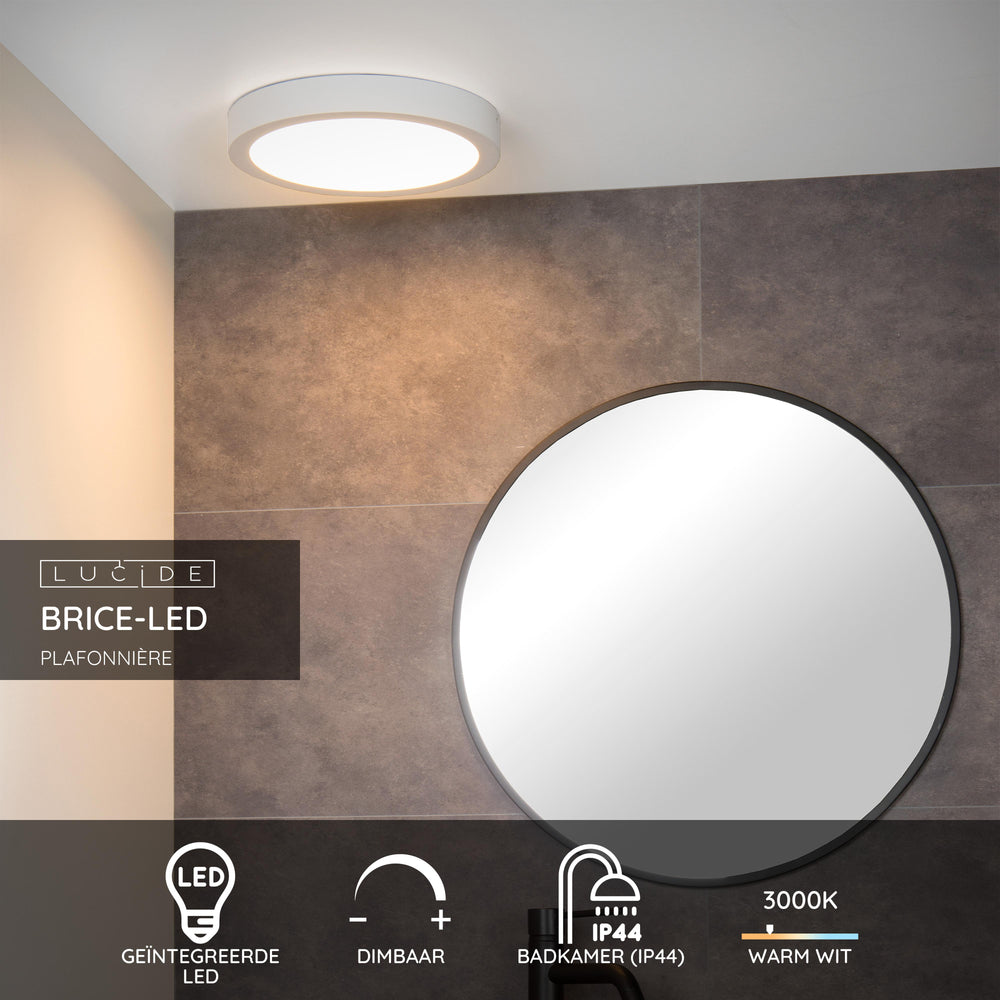 Lucide BRICE LED bathroom ceiling light, dimmable 30W 3000K, round 300mm, IP44, White finish