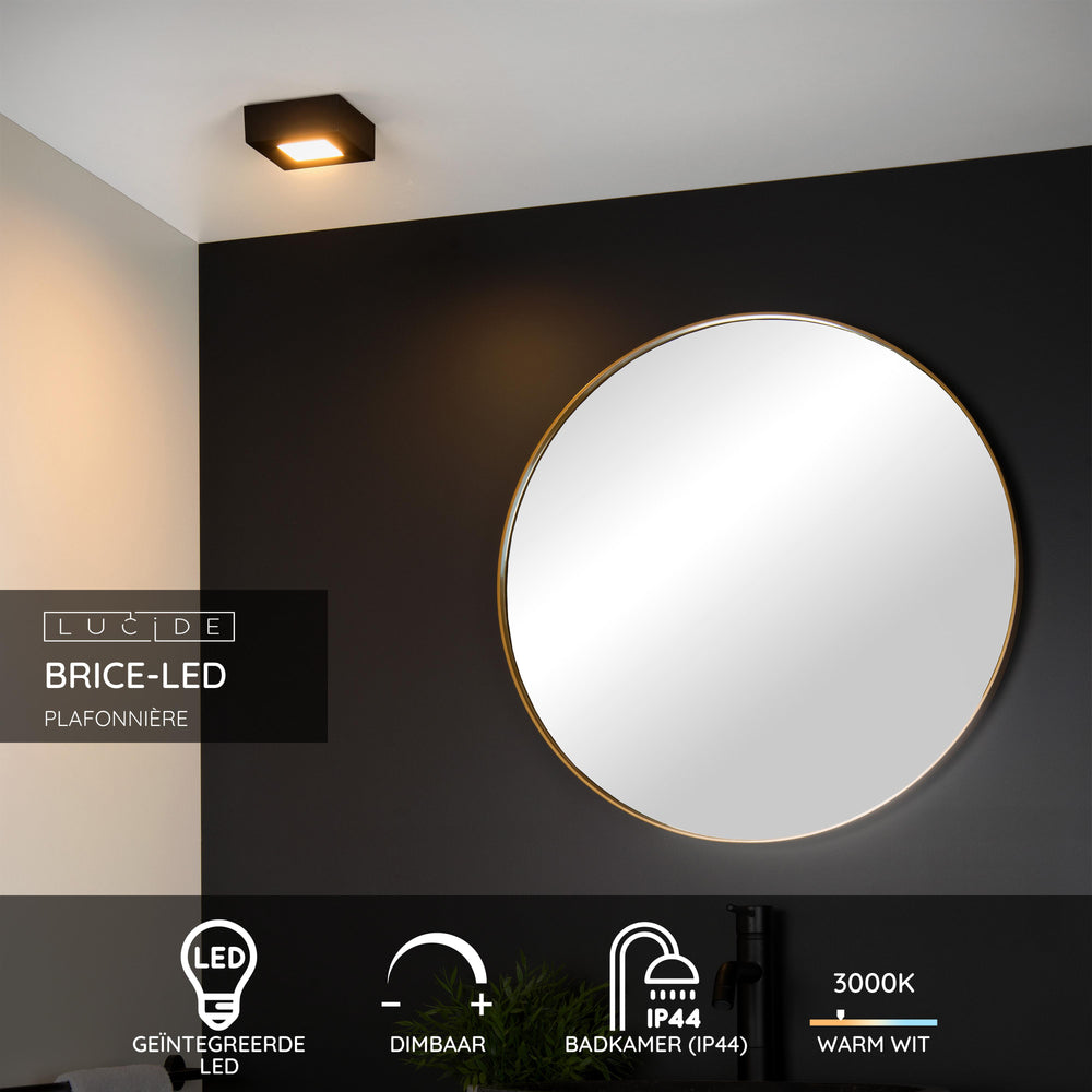 Lucide BRICE LED bathroom ceiling light, dimmable 8W 3000K, IP44, square black finish