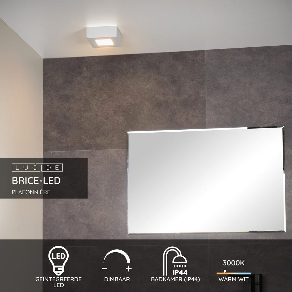 Lucide BRICE LED bathroom ceiling light, dimmable 8W 3000K, IP44, square white aluminum 220-240V