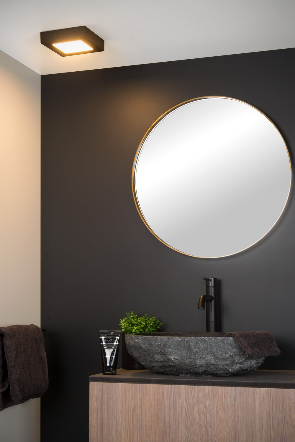 Lucide BRICE LED bathroom ceiling light, dimmable 15W 3000K, IP44, square matt Black finish