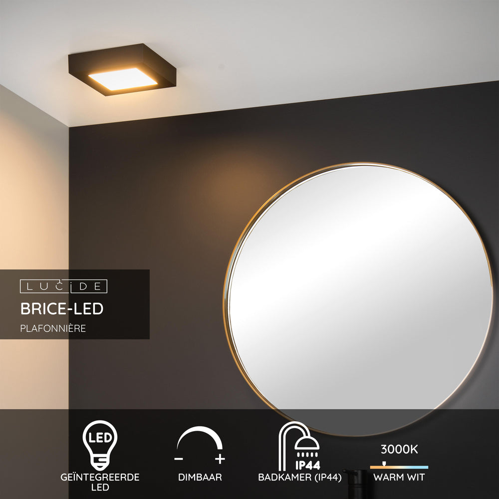 Lucide BRICE LED bathroom ceiling light, dimmable 15W 3000K, IP44, square matt Black finish