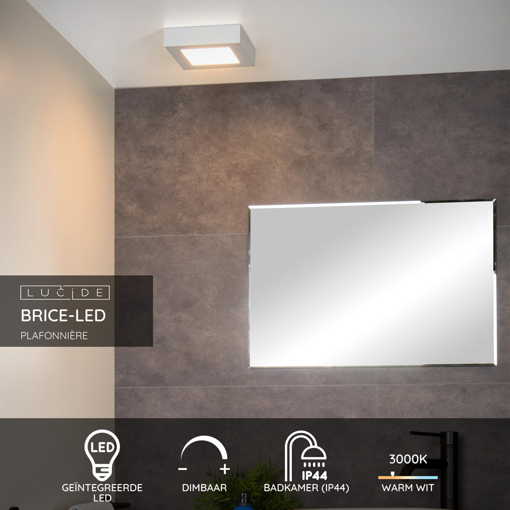 Lucide BRICE LED bathroom ceiling light, dimmable 15W 3000K, IP44, square Matt White finish