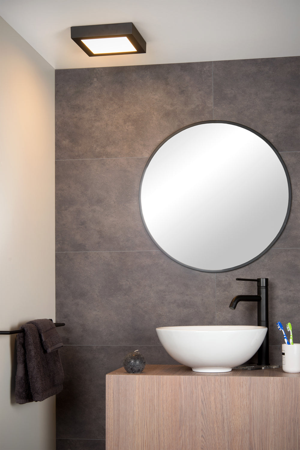 Lucide BRICE LED bathroom ceiling light, dimmable 22W 3000K IP44, square 220mm Matt Black