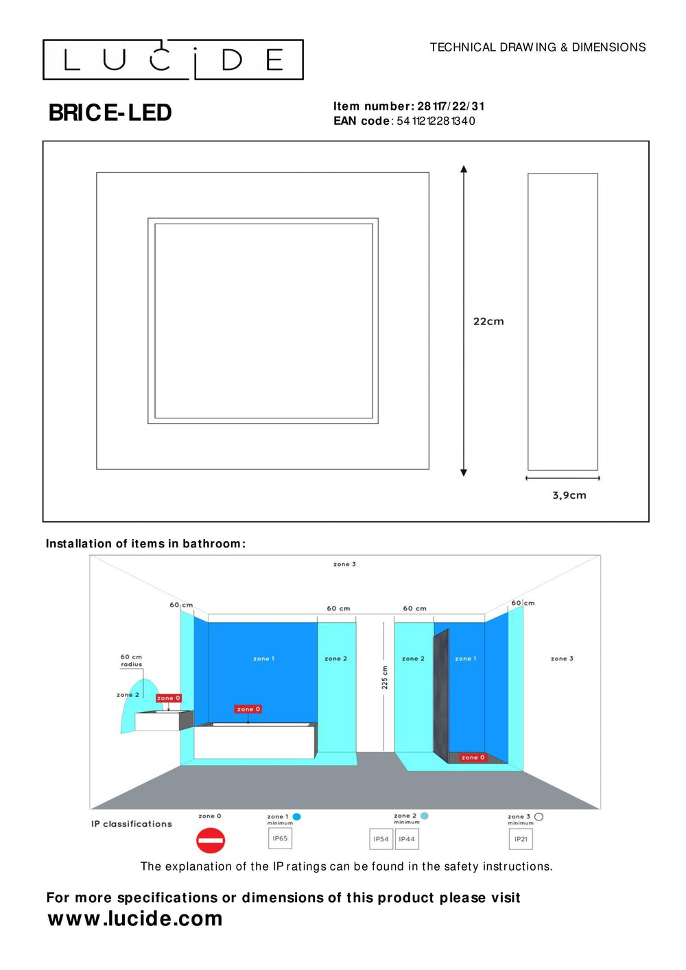 Lucide BRICE LED bathroom ceiling light, dimmable 22W 3000K IP44 square White modern design