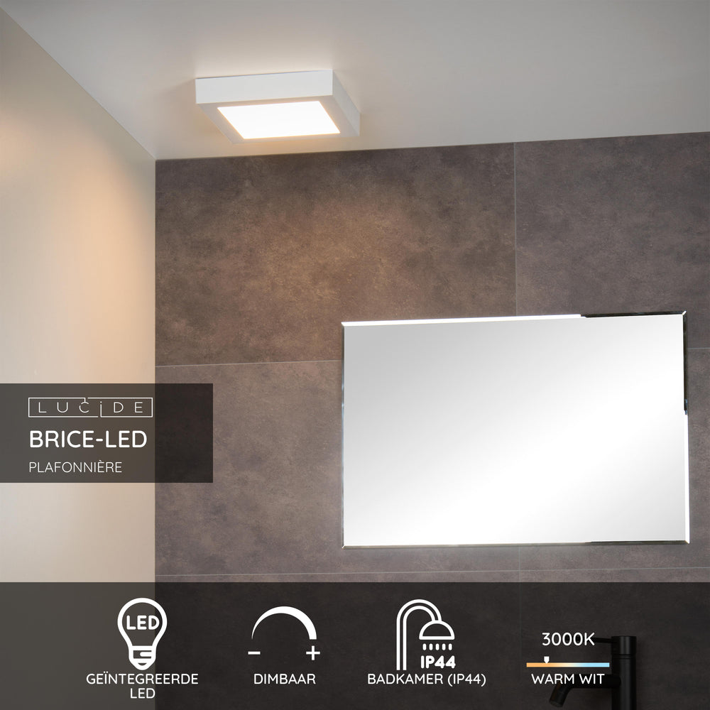 Lucide BRICE LED bathroom ceiling light, dimmable 22W 3000K IP44 square White modern design