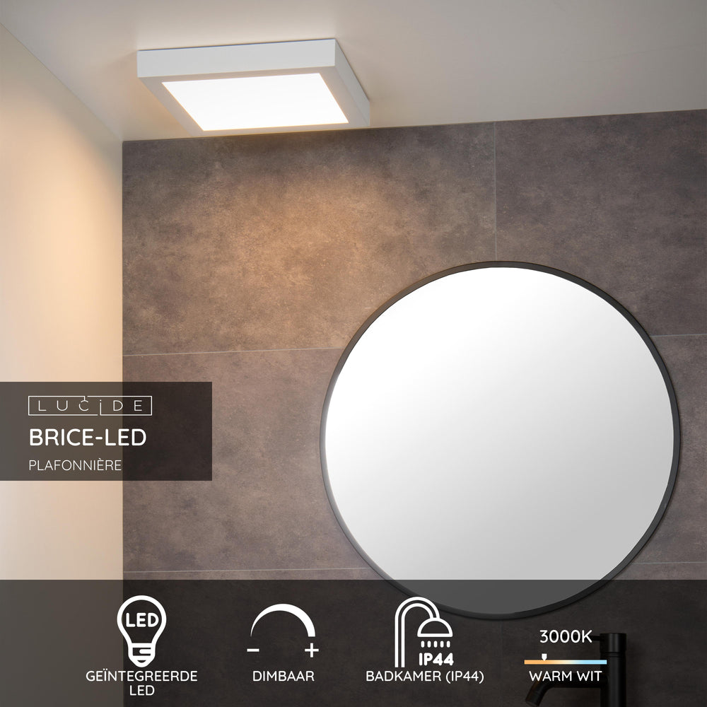Lucide BRICE LED bathroom ceiling light, dimmable 30W 3000K, IP44, White, modern square design