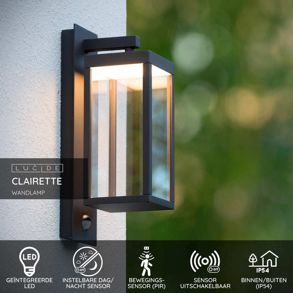 Lucide CLAIRETTE LED wall light 13W 3000K IP54 with PIR motion sensor and anthracite housing