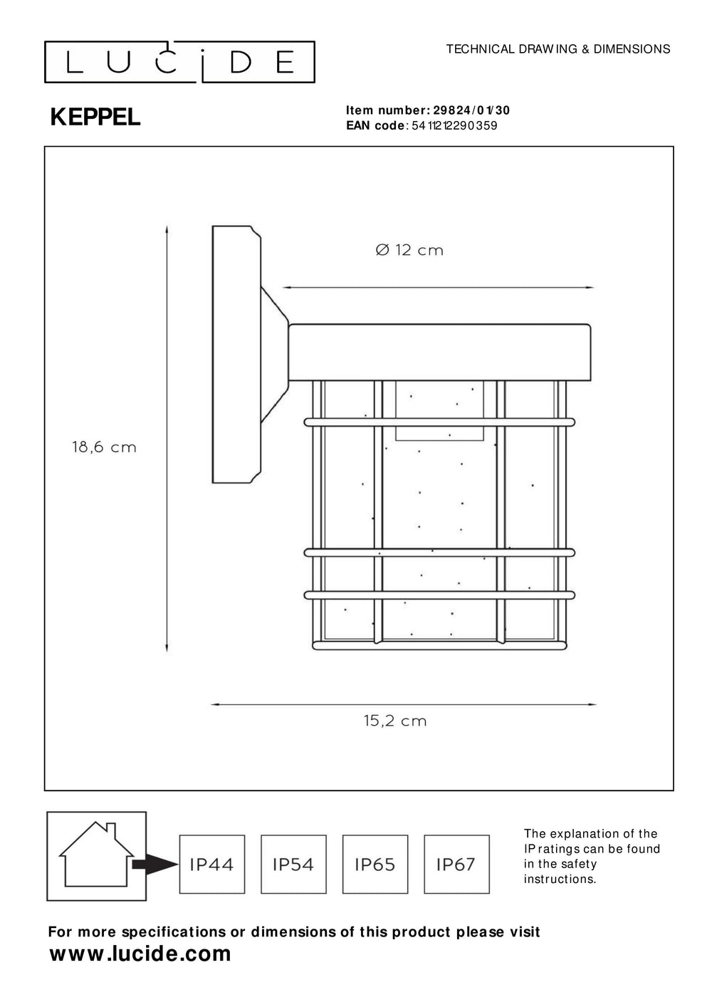 Lucide KEPPEL Wandleuchte Innen Außen E27 Fassung IP44 Matt Schwarz Metall 220-240V 60W