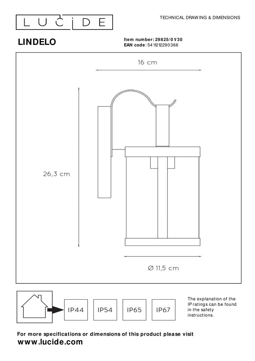 Lucide LINDELO Wandleuchte innen außen, E27-Fassung, max. 60W, 220-240V, IP44, matt schwarze Metalloberfläche