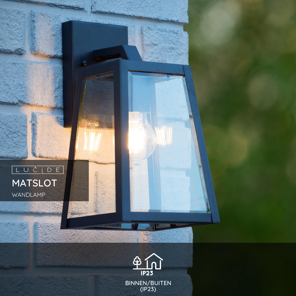 Lucide MATSLOT wall light indoor outdoor, E27 socket, 60W max, IP23, Matt Black metal trapezoid design