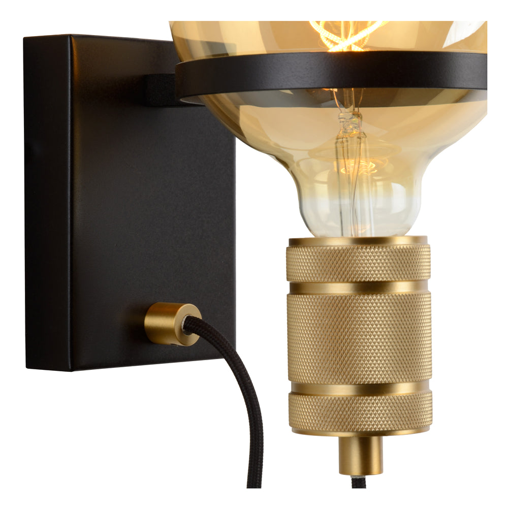 Lucide OTTELIEN wall lamp, 1xE27, 60W max, 220-240V, IP20, modern matt black steel with brass socket