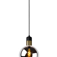 Lucide JULIUS Hängeleuchte, 1xE27, Rauchglas-Schirm Ø20cm, schwarzes Holz und goldenes Metall, 220-240V, IP20